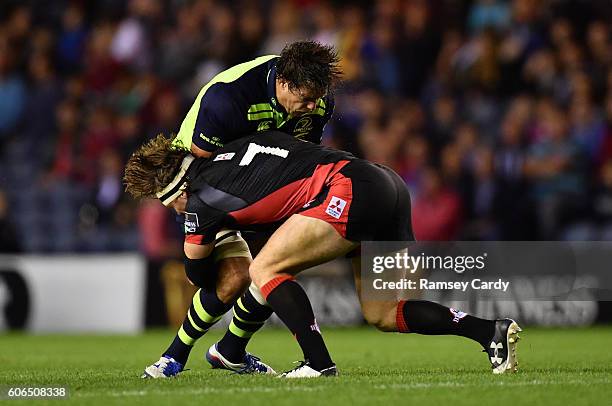 Edinburgh , United Kingdom - 16 September 2016; Mike McCarthy of Leinster is tackled by Hamish Watson of Edinburgh during the Guinness PRO12 Round 3...