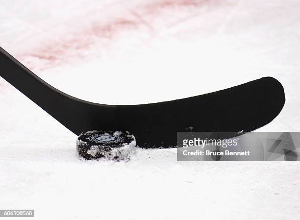 Closeup of a World Cup of Hockey puck during the Team Czech Republic practice at the Air Canada Centre on September 16, 2016 in Toronto, Canada.