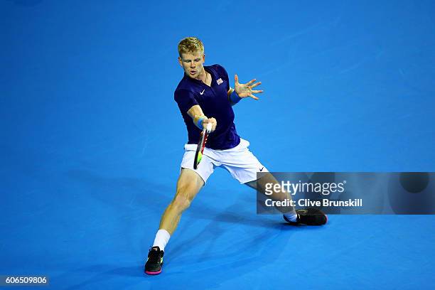 Kyle Edmund of Great Britain hits a forehand during his singles match against Guido Pella of Argentina during day one of the Davis Cup Semi Final...