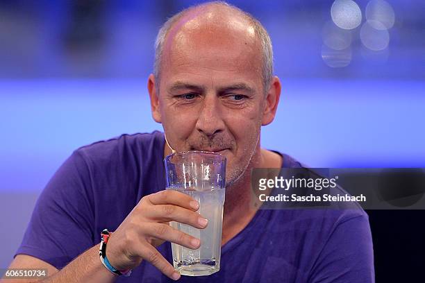 Mario Basler reacts after being retired during the finals of 'Promi Big Brother 2016' at MMC Studios on September 16, 2016 in Cologne, Germany.