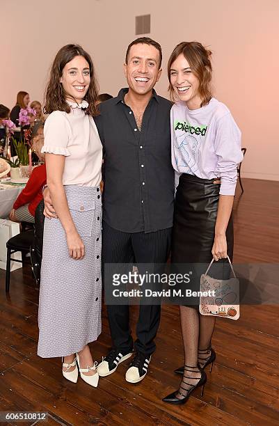Laura Jackson, Nick Grimshaw and Alexa Chung attend the Shrimps SS17 Presentation dinner featuring Converse at Christie's on September 16, 2016 in...