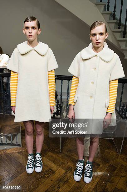 Models showcase designs at the Shrimps presentation during London Fashion Week Autumn/Winter collections 2016/2017 on September 16, 2016 in London,...