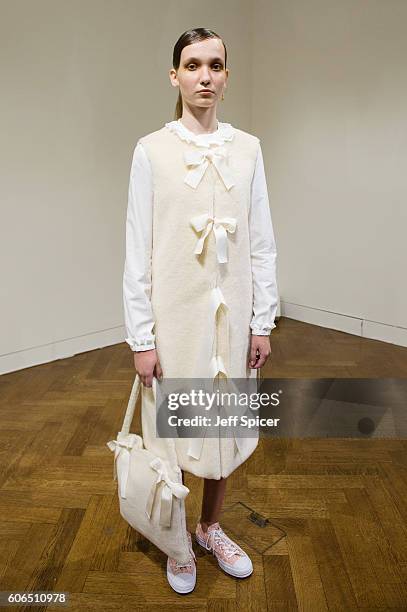 Model showcases designs at the Shrimps presentation during London Fashion Week Autumn/Winter collections 2016/2017 on September 16, 2016 in London,...