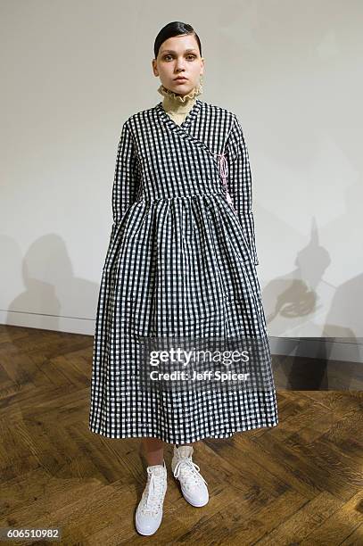 Model showcases designs at the Shrimps presentation during London Fashion Week Autumn/Winter collections 2016/2017 on September 16, 2016 in London,...