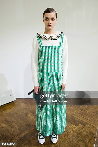 Model showcases designs at the Shrimps presentation during London Fashion Week Autumn/Winter collections 2016/2017 on September 16, 2016 in London,...