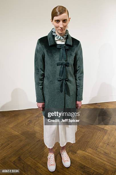 Model showcases designs at the Shrimps presentation during London Fashion Week Autumn/Winter collections 2016/2017 on September 16, 2016 in London,...