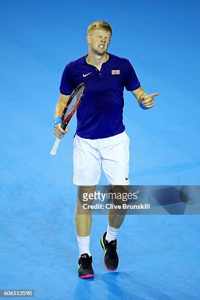 Kyle Edmund of Great Britain reacts during his singles match against Guido Pella of Argentina during day one of the Davis Cup Semi Final between...