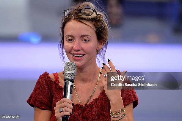 Cathy Lugner reacts placed second during the finals of 'Promi Big Brother 2016' at MMC Studios on September 16, 2016 in Cologne, Germany.