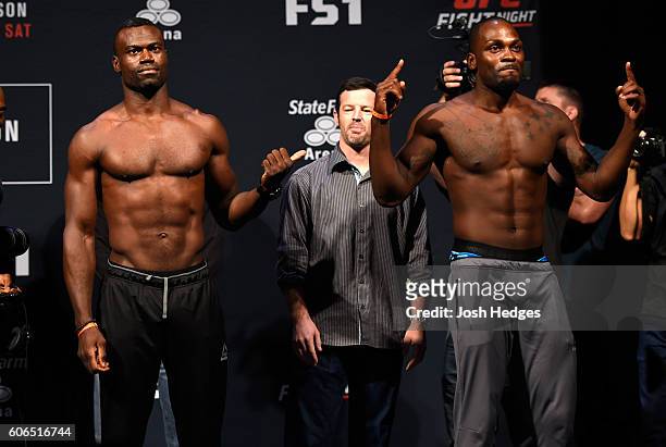 Uriah Hall of Jamaica and Derek Brunson of the United States pose for the media during the UFC Fight Night weigh-in at the State Farm Arena on...