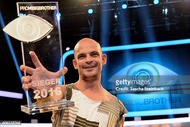 Ben Tewaag reacts after winning the finals of 'Promi Big Brother 2016' at MMC Studios on September 16, 2016 in Cologne, Germany.