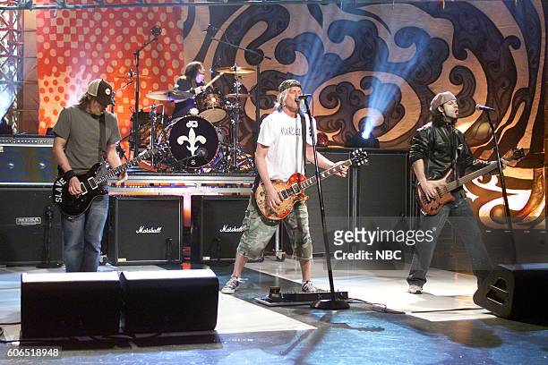 Episode 2631 -- Pictured: Musical guests Paul Phillips, Greg Upchurch, Wes Scantlin, Matt Fuller of Puddle of Mudd perform on January 16, 2004 --