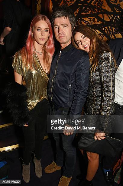 Mary Charteris, Noel Gallagher and Sara Macdonald attend the Farfetch LFW event hosted by will.i.am at Loulou's on September 16, 2016 in London,...