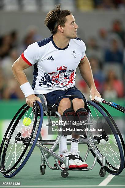 Gordon Reid of Great Britain competes at the Men's Singles Wheelchair Tennis gold medal match during day 9 of the Rio 2016 Paralympic Games at the...