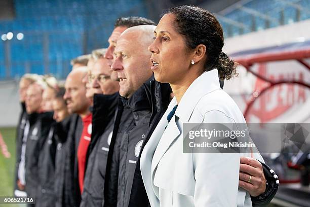 Steffi Jones, head coach of Germany with team before the UEFA Women's Euro 2017 Qualifier match between Russia and Germany at Arena Khimki on...