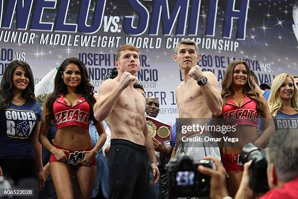 Canelo Alvarez of Mexico and Liam Smith of Great Britain pose after weigh-in for their WBO junior middleweight world championship fight at AT&T...