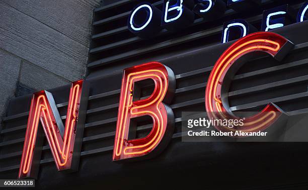 August 27, 2016: The NBC Studios marquee in New York City's Rockefeller Plaza identifies the entrance to the television network's studios and the...