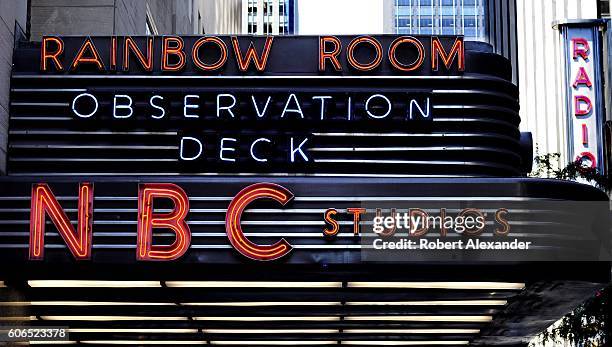 August 27, 2016: The NBC Studios marquee in New York City's Rockefeller Plaza identifies the entrance to the television network's studios and the...