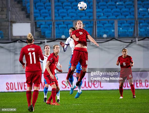 Daria Makarenko of Russia challenged by Lena Petermann of Germany during the UEFA Women's Euro 2017 Qualifier match between Russia and Germany at...