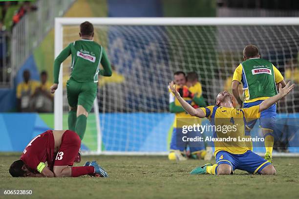Taras Dutku of Ukraine celebrates the victory after the Football 7-a-side - Ukraine and Iran Gold Medal Match at Deodoro Stadium on day 9 of the Rio...
