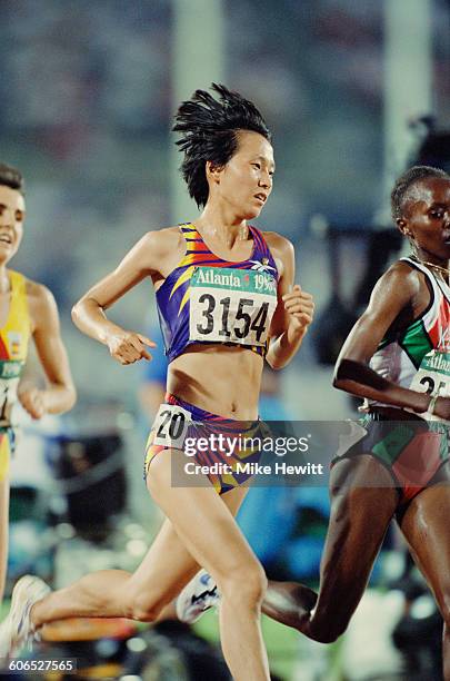 Chinese long-distance runner Wang Junxia competing in the Women's 10,000 Metres final on 2nd August 1996 during the XXVI Summer Olympic Games at the...