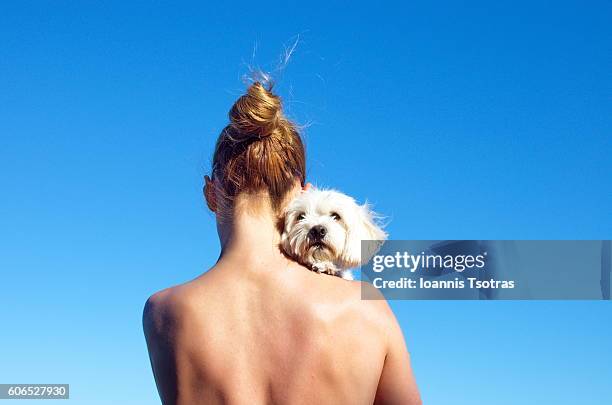 rear view of a woman holding a dog - hairy back stock pictures, royalty-free photos & images