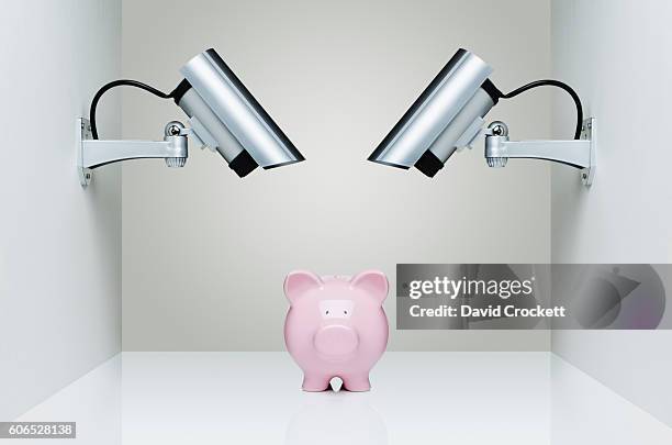 security cameras watching a piggy bank - private viewing stock-fotos und bilder
