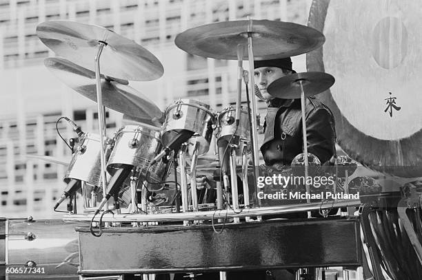 Drummer Carl Palmer, of English progressive rock group Emerson, Lake and Palmer, during rehearsals for the band's 'Works' tour, at the Olympic...