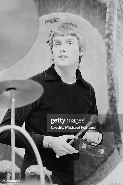 Drummer Carl Palmer, of English progressive rock group Emerson, Lake and Palmer, during rehearsals for the band's 'Works' tour, at the Olympic...