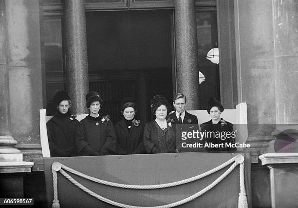 Members of the royal family on the balcony of Buckingham Palace on Remembrance Day, London, UK, 13th November 1960. From left to right, Princess...