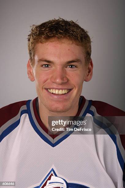 Defenseman Martin Skoula of the Colorado Avalanche smiles for a portrait during the 2001 NHL Challenge Series at the Globe Arena in Stockholm,...