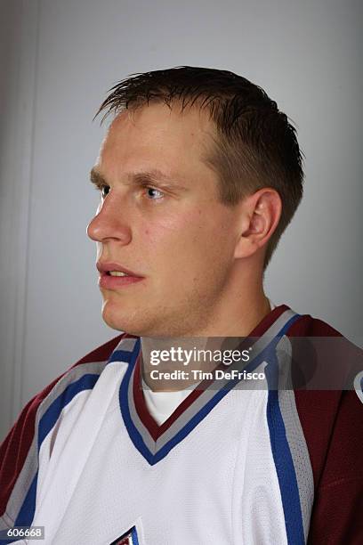 Forward Ville Nieminen of the Colorado Avalanche poses for a portrait during the 2001 NHL Challenge Series at the Globe Arena in Stockholm, Sweden ....