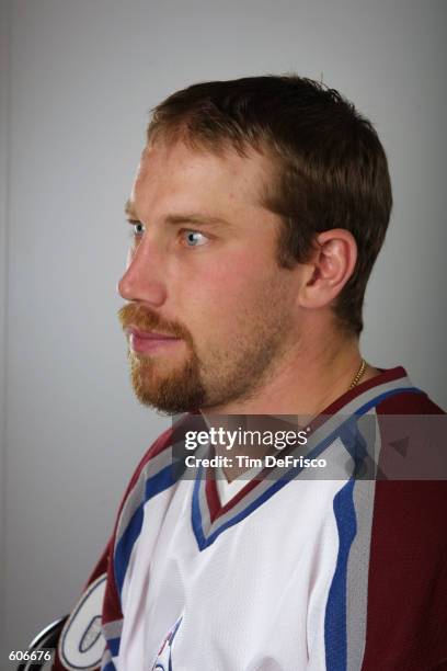 Forward Peter Forsberg of the Colorado Avalanche poses for a portrait during the 2001 NHL Challenge Series at the Globe Arena in Stockholm, Sweden ....