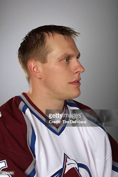 Forward Ville Nieminen of the Colorado Avalanche poses for a portrait during the 2001 NHL Challenge Series at the Globe Arena in Stockholm, Sweden ....