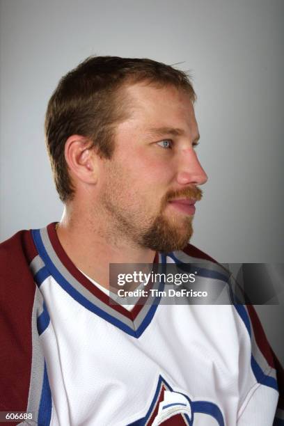 Forward Peter Forsberg of the Colorado Avalanche poses for a portrait during the 2001 NHL Challenge Series at the Globe Arena in Stockholm, Sweden ....