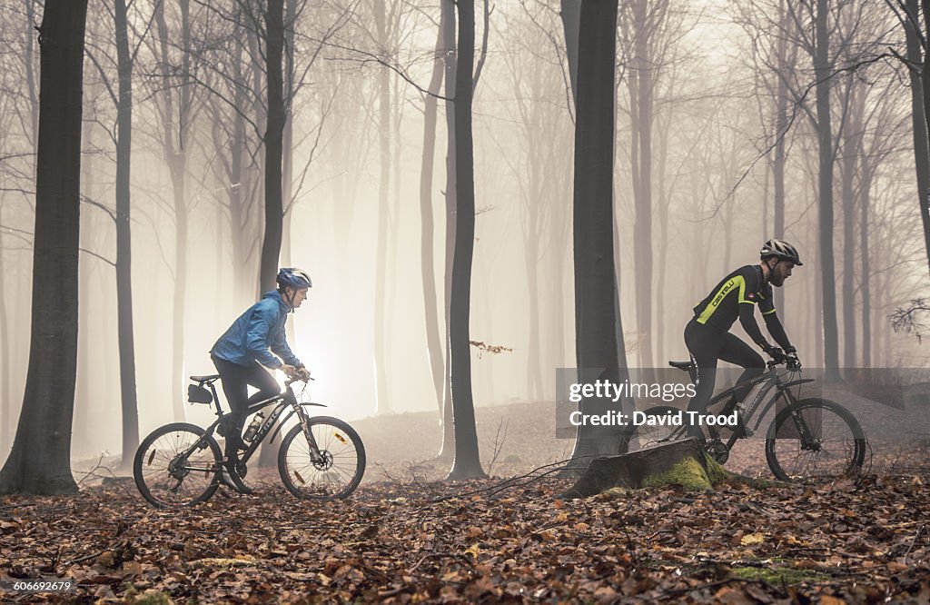 Two mountain bikers in misty forest