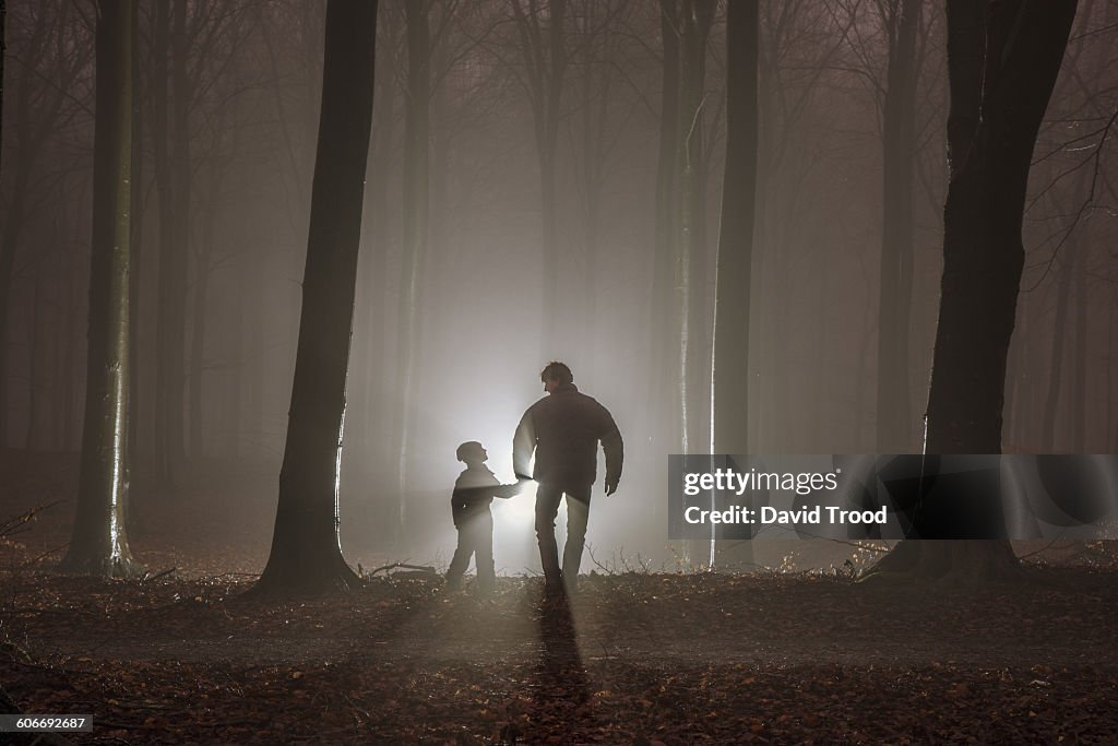 Father and son in misty forest