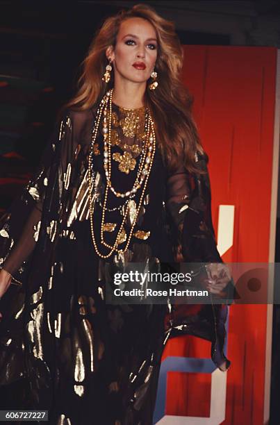 American model Jerry Hall at a fashion show, circa 1981.