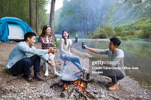 young friends sitting around campfire drinking beer - double date fotografías e imágenes de stock