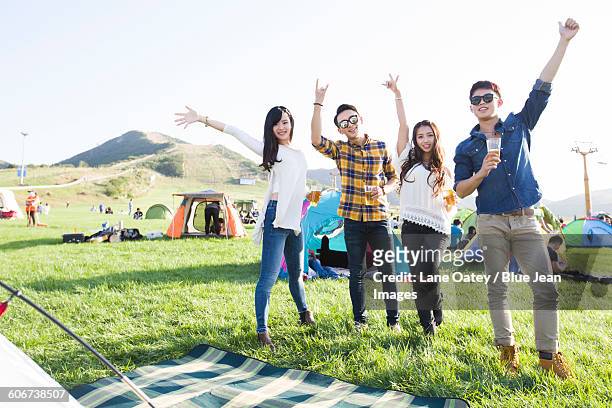 happy friends at music festival - music festival field stock pictures, royalty-free photos & images