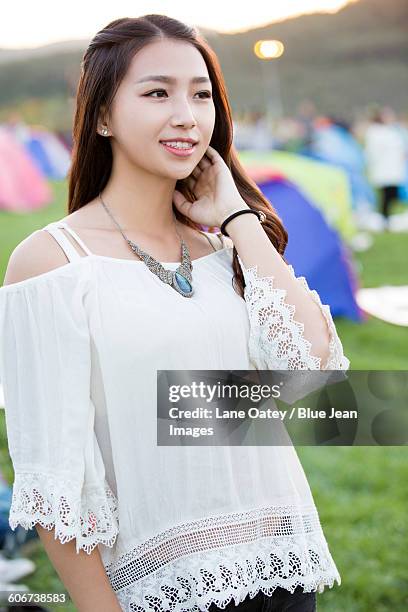 happy young woman - the meadows music arts festival day 1 stock pictures, royalty-free photos & images