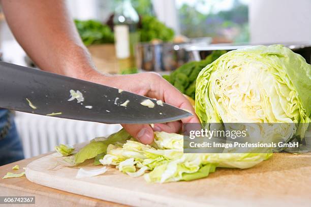 cutting iceberg lettuce into bite-sized pieces - chopping food stock pictures, royalty-free photos & images