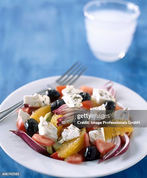 feta,orange,red onion and black olive salad - fetta stockfoto's en -beelden