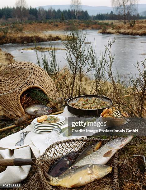 meal prepared after fishing - pot au feu stock-fotos und bilder