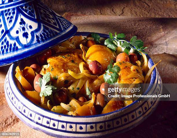 chicken and confit citrus tajine - tajine stock pictures, royalty-free photos & images