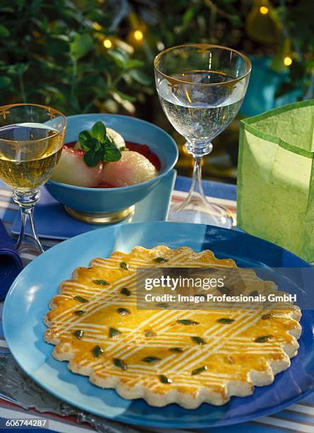 galette from charente and peaches cardinal - charentais stock pictures, royalty-free photos & images