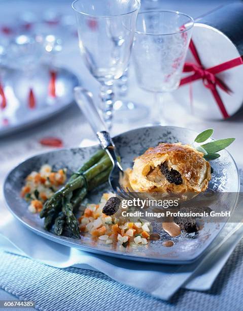 crunchy sweetbreads with morels - sweet bread stock pictures, royalty-free photos & images