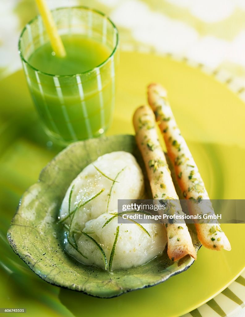 Lime sorbet with tuile biscuits