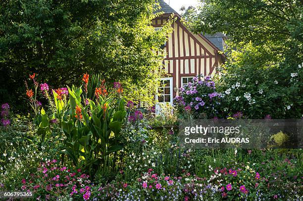 france, normandy, well preserved old traditionnal houses in normandic style in the village of beuvron en auge - calvados fotografías e imágenes de stock