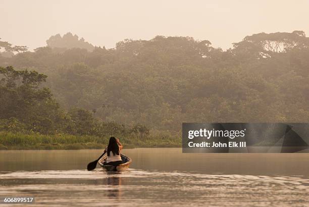 pirogue on lake in amazon - yasuni national park imagens e fotografias de stock