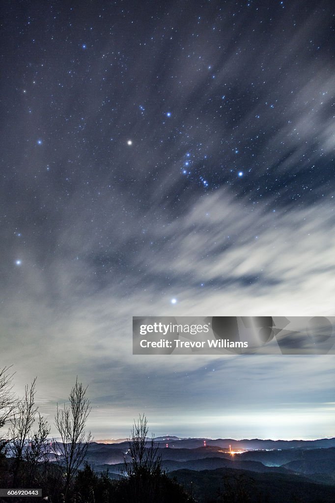 Stars above mountains with Orion constellation